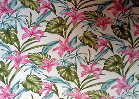 30meli  Tropical Botanical Vintage Hawaiian Fabric. Lily flowers on a cotton poplin apparel fabric.