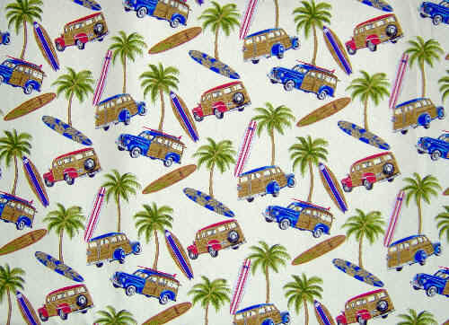 30muku Tropical Hawaiian apparel cotton, palm trees, woodies, surfboards.