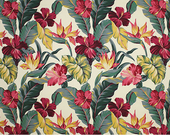 30pauhana Tropical Botanical Vintage Hawaiian Fabric Bird of Paradise and Hibiscus flowers - cotton barkcloth fabric, Hawaiian vintage style fabric.