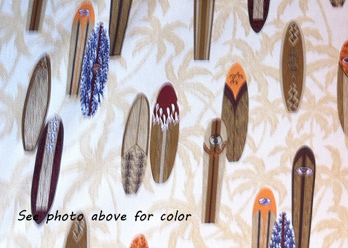 20surfsup surfboards, and palm trees on a beige - taupe reversible apparel cotton, Hawaiian vintage style fabric.