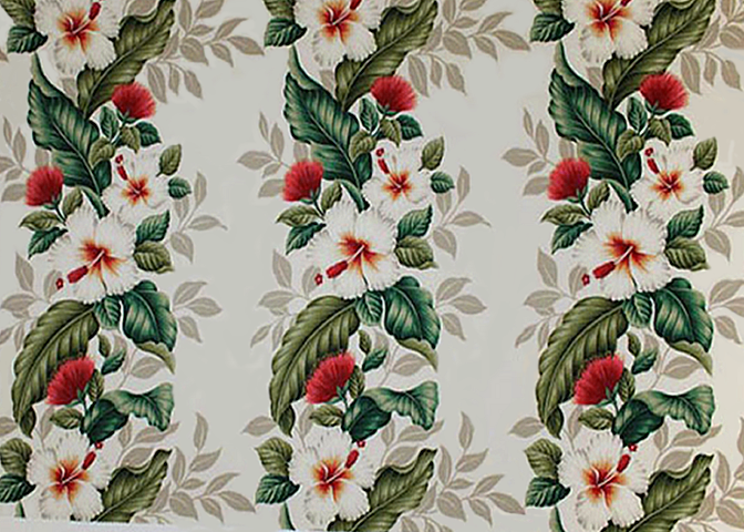 30umeke Tropical Botanical Vintage Hawaiian Fabric Hawaiian Panel. Realistically rendered hibiscus and lehua flowers, ferns and leaves.  - cotton barkcloth fabric, Hawaiian vintage style fabric.