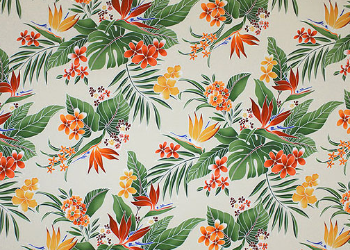 30waina stylized, brightly-colored bird of paradise, naholo
, palm fronds and leaves apparel cotton, Tropical Botanical Vintage Hawaiian Fabric Hawaiian vintage style fabric.