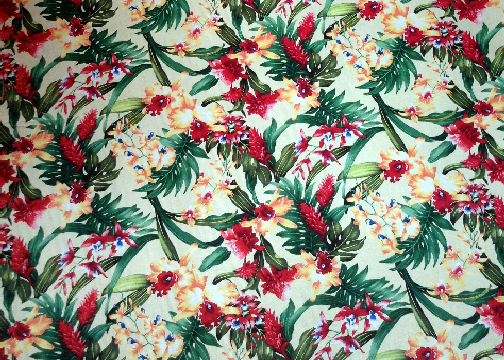 30wana'ao - Tropical Botanical Vintage Hawaiian Fabric Hawaiian Fabrics Hawaiian Tropical Botanical Vintage Hawaiian Fabric Leaves, 
			  Torch Ginger and Hibiscus flowers on a cotton broadcloth apparel fabric.