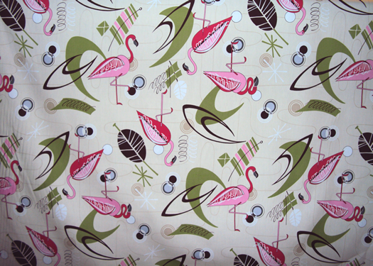 30welo Tropical Hawaiian abstract atomic, sixties, 60's, flamingo, space-age cotton fabric.