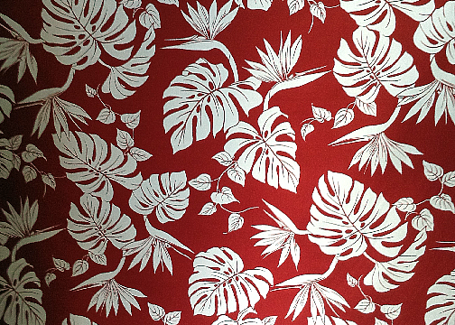50bird monstera
 Tropical Botanical Vintage Hawaiian Barkcloth Fabric -  leafy reversible cotton apparel fabric with monstera
 leaves and birds of paradise flowers.