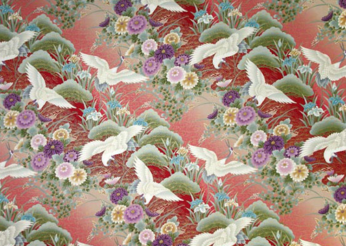 Gold-lined cranes, chrysanthemums, sakura (cherry blossoms), leaves, Japanese yew trees and leaves.