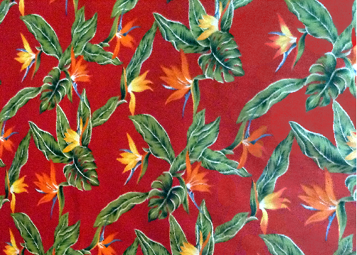 40Hana Lima - Barkcloth Hawaii Fabrics - Vintage Style Hawaiian Botanical fabric with Bird of Paradise flowers and naholo
 leaves on a cotton poplin apparel fabric.