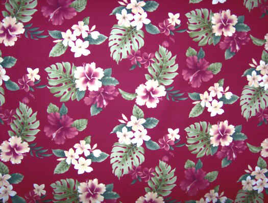 40lepea Tropical Hawaiian Hibiscus with red & white plumeria flowers, cotton non-upholstery barkcloth fabric.