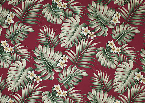  Tropical Botanical Vintage Hawaiian Fabric. 
			Cotton Poplin, 44/45 inch Wide, All-Over. naholo
 and palm fronds with plumeria flowers