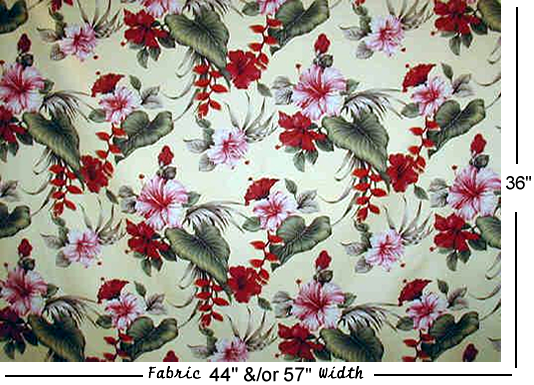 50anea Tropical Hawaiian non-upholstery barkcloth, heliconia & hibiscus flowers.