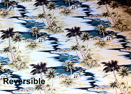 50isles Tropical Hawaiian Vintage Hula Girls, Diamond Head, palm trees, scenic print - on a cotton Hawaiian apparel fabric.