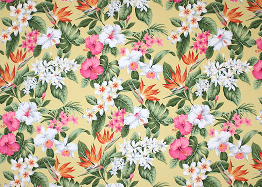 50lehiwa - Barkcloth Hawaii - Timeless Hawaiian Fabrics For your Home& Body
 				Tropical vintage style, Hawaiian botanical Lehiwa - Barkcloth Hawaii - Timeless Hawaiian Fabrics For your Home& Body. Clusters of tropical flowers and ferns; bird of paradise,
 				 cattleya, plumeria (Frangipani), tiare (tahitian gardenia) flowers, and palm fronds. A tropical vintage style, Hawaiian botanical cotton poplin from BarkclothHawaii.com