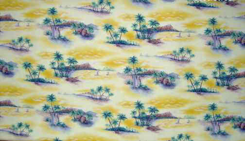 50one Tropical Hawaiian palm trees, hula huts, surfboards, cotton apparel fabric.