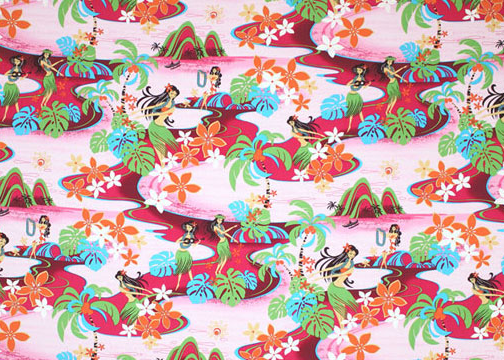60hanamai Vintage Style Hawaiian Large scale, whimsical hula dancers, palm trees, flowers, and naholo
 ferns., on a cotton poplin apparel fabric.