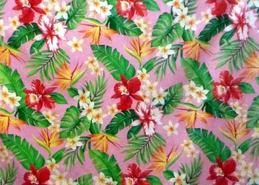 Vintage Style Hawaiian fabric print with  plumeria, orchids, and bird of paradise flowers - apparel weight cotton apparel fabric..
