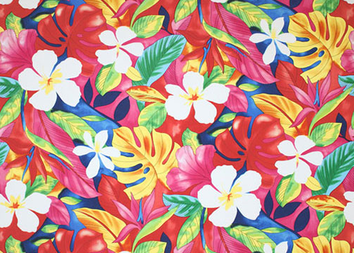 60o'lino Tropical Botanical Vintage Hawaiian Fabric. All-Over. Stylized, watercolor floral with monstera palms, and banana leaves.