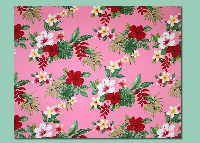 60'olo'olo Hibiscus, heliconia, plumeria, monstera fern and palm fronds on cotton apparel fabric.