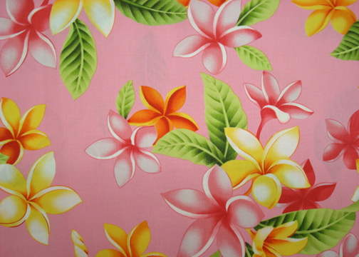 60'Onini - Barkcloth Hawaii Fabrics - Vintage Style Hawaiian Botanical Fabric a tropical plumeria flowers on a cotton apparel fabric.