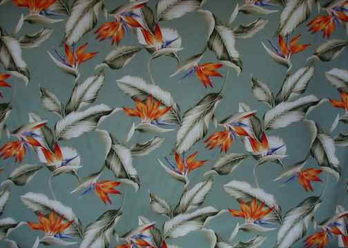Bahama Breeze Sage Tropical Hawaiian Tropical Hawaiian , bird of paradise flowers on a sage, Hawaiian vintage 55 inch width upholstery barkcloth fabric.