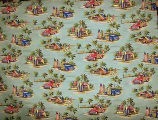 70halawa green,Parrots, surfboard shop &  palm trees on broadcloth apparel fabric apparel cotton Hawaiian vintage style fabric.