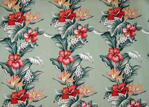 70hibiscus a Tropical Botanical Vintage Hawaiian Fabric - cotton non-upholstery barkcloth fabric with hibiscus and bird of paradise flowers.