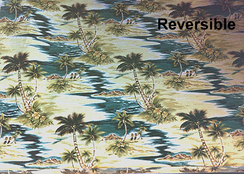 70isles Tropical Hawaiian Vintage Hula Girls, Diamond Head, palm trees, scenic print - on a cotton Hawaiian apparel fabric.