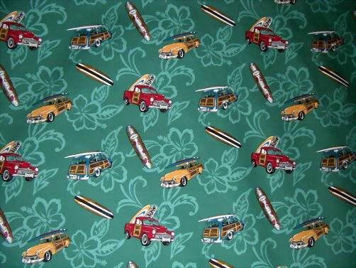 70kani Tropical Hawaiian Woodies, trucks, surfboards, hibiscus, vintage, cotton apparel fabric.