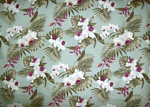 70kohala Tropical Botanical Vintage Hawaiian Fabric fabric, orchid & heliconia flowers - green cotton barkcloth fabric.