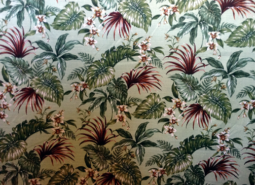 70mamaka Tropical Botanical Vintage Hawaiian Fabric Hawaiian Palm Fronds & Orchid flowers cotton barkcloth fabric.