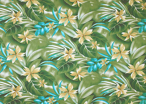 70palu Tropical Botanical Vintage Hawaiian Fabric Stylized flowers, palm fronds, and leaves, apparel cotton, Hawaiian vintage style fabric.