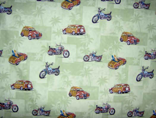 70pihi Tropical Hawaiian cotton apparel fabric with trucks, motorcycles & surfboards.