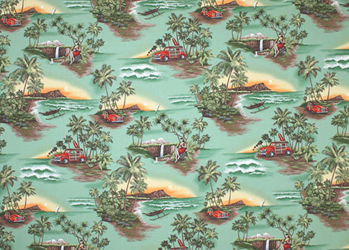Scenic islands with views of Diamond Head, woody cars, hula girl playing an ukulele, palm trees, waterfalls, ferns, and a canoe.