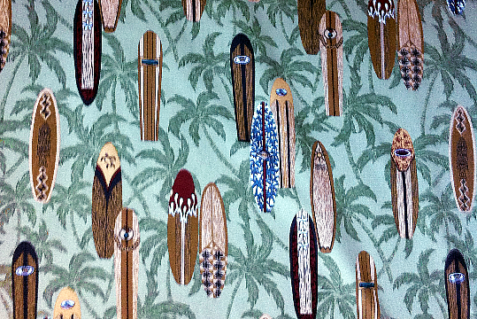 20surfsup surfboards, and palm trees on a beige - taupe reversible apparel cotton, Hawaiian vintage style fabric.