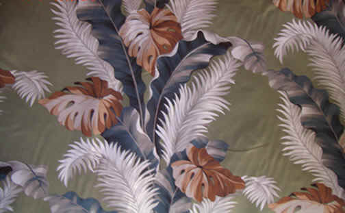 90tantalus Tropical Hawaiian Feather leaves on a taupe non-upholstery barkcloth.