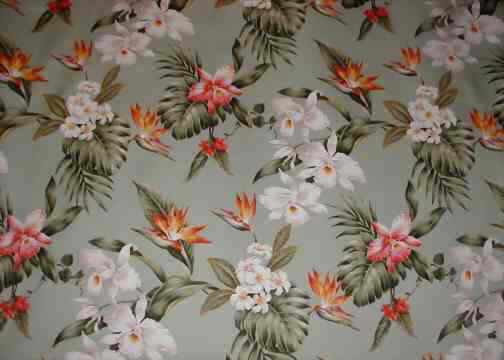 70waiakea Tropical Botanical Vintage Hawaiian Fabric Hawaiian Tropical Botanical Vintage Hawaiian Fabric Hawaiian orchid & bird of paradise flowers, cotton non-upholstery barkcloth fabric.