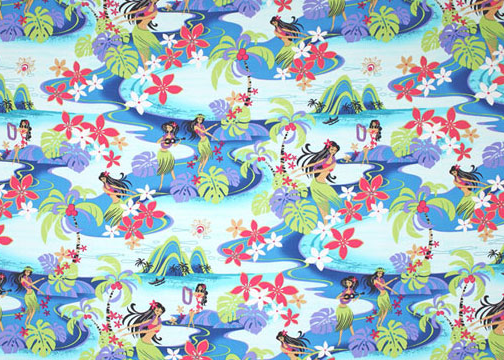 80Hana Ma'i Vintage Style Hawaiian Large scale, whimsical hula dancers, palm trees, flowers, and naholo
 ferns., on a cotton poplin apparel fabric.