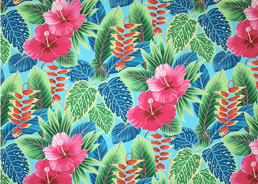 80ho'oni Vintage Style Hawaiian Large scale, colorful hibiscus, heliconia, 
				and various tropical ferns and leaves, on a cotton poplin apparel fabric.