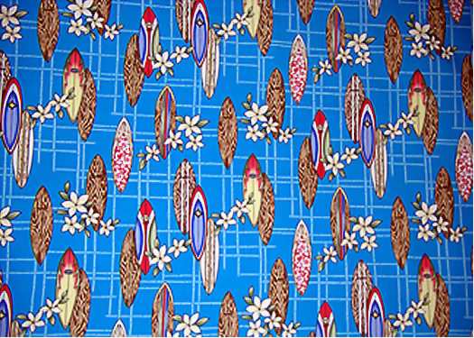80huahina Tropical Hawaiian Vintage surfboards, plumeria flowers, on a plaid cotton apparel fabric..