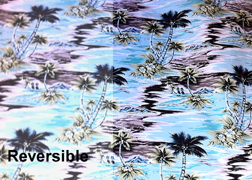 80isles Tropical Hawaiian Vintage Hula Girls, Diamond Head, palm trees, scenic print - on a cotton Hawaiian apparel fabric.