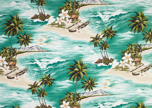 Luloni - Barkcloth Hawaii Fabrics - Vintage Style Hawaiian Fabrics. Hawaiian Scenic, diamond head, straw huts, canoes, plumeria (frangipani), palm trees, and ocean.