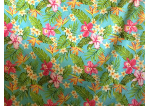 Vintage Style Hawaiian fabric print with  plumeria, orchids, and bird of paradise flowers - apparel weight cotton apparel fabric..