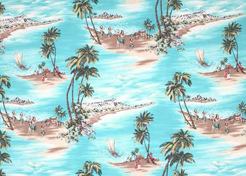 80nanaina Tropical Hawaiian scenic ocean fabric with hula, palm trees, and boats,, cotton apparel fabric.