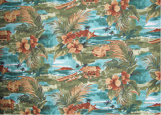 80noi Tropical Hawaiian Diamond Head, Hula Huts and canoes on a gray cotton apparel fabric.