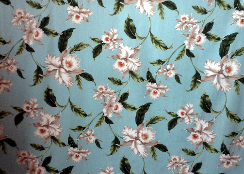80'okika  - Barkcloth Hawaii Fabrics - Tropical Botanical Vintage Hawaiian Fabric. with Orchid flowers on apparel cotton..