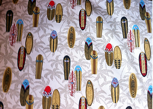 20surfsup surfboards, and palm trees on a beige - taupe reversible apparel cotton, Hawaiian vintage style fabric.