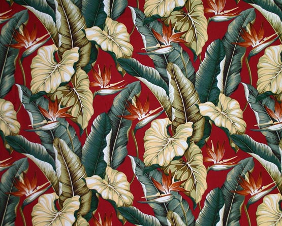 Bird Of Paradise Tropical Botanical Vintage Hawaiian Barkcloth Fabric - Bird of paradise flowers and Leaves on upholstery bark cloth fabric.