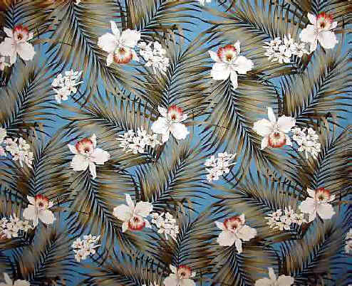 Fern Blue Tropical Botanical Vintage Hawaiian Fabric -  orchid & plumeria flowers, cotton barkcloth upholstery fabric.