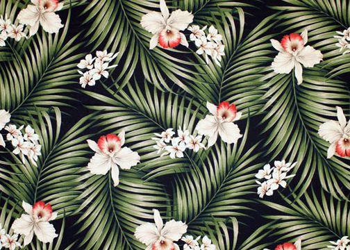 Fern Black Tropical Botanical Vintage Hawaiian Fabric -  orchid & plumeria flowers, cotton barkcloth upholstery fabric.
