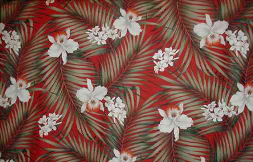 Fern Red, upholstery cotton, orchids & ferns, Hawaiian vintage style fabric