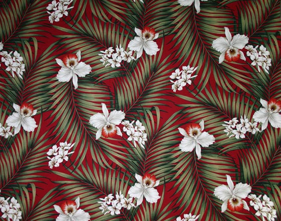 Fern Red Tropical Botanical Vintage Hawaiian Fabric -  orchid & plumeria flowers, cotton barkcloth upholstery fabric.